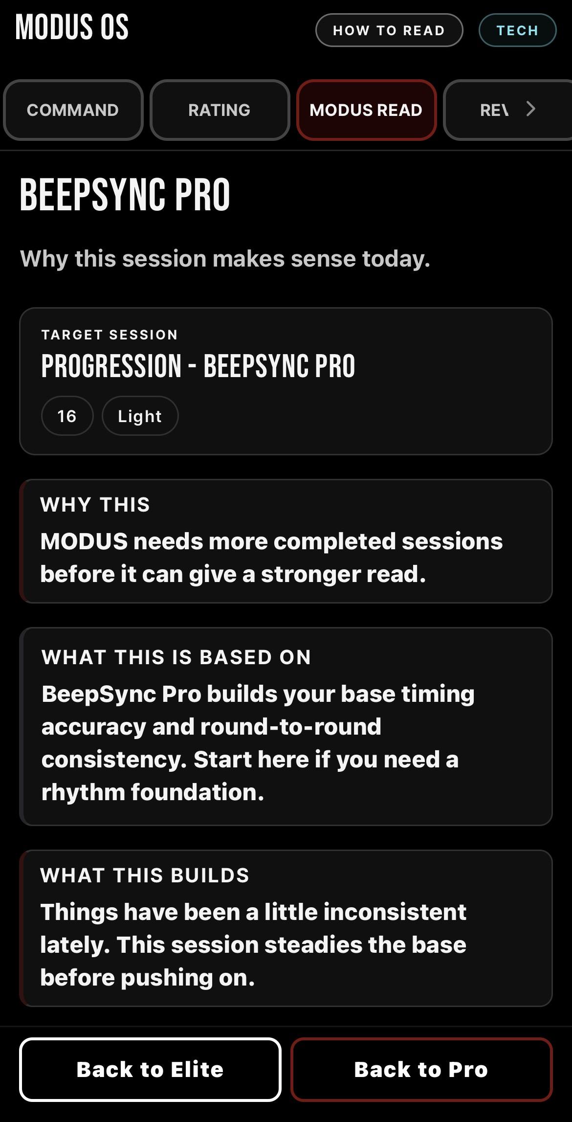 MODUS Read screen showing why MODUS chose the work, what the read is based on and what it builds