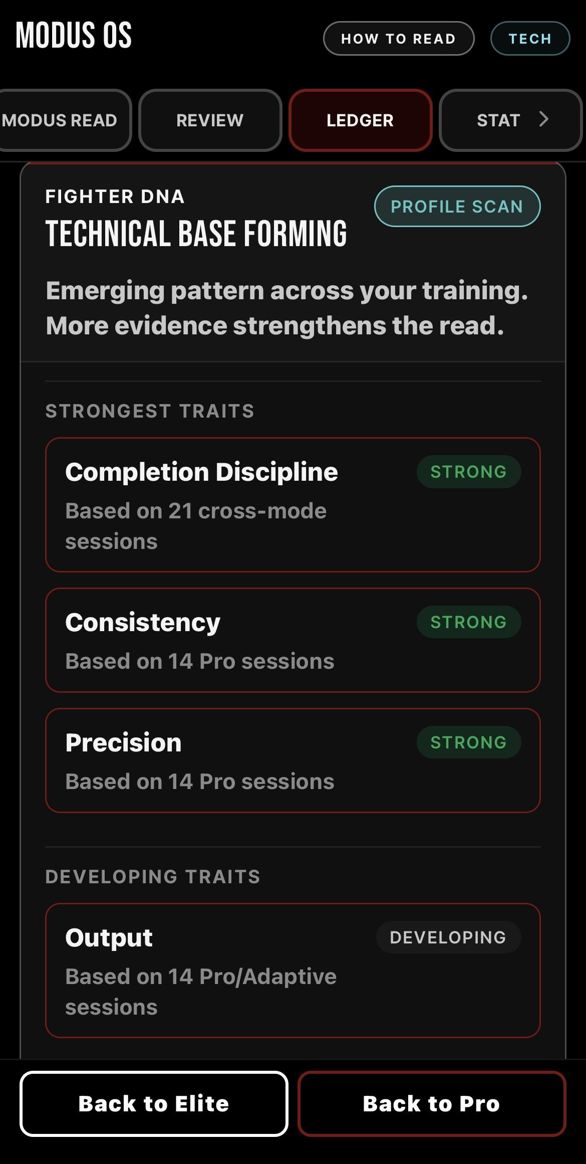 Fighter DNA screen showing deeper training history and evidence-backed traits