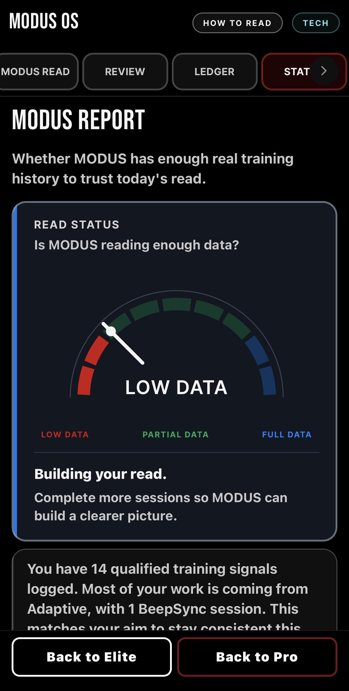MODUS Status screen showing current read state, activity and how much MODUS currently knows
