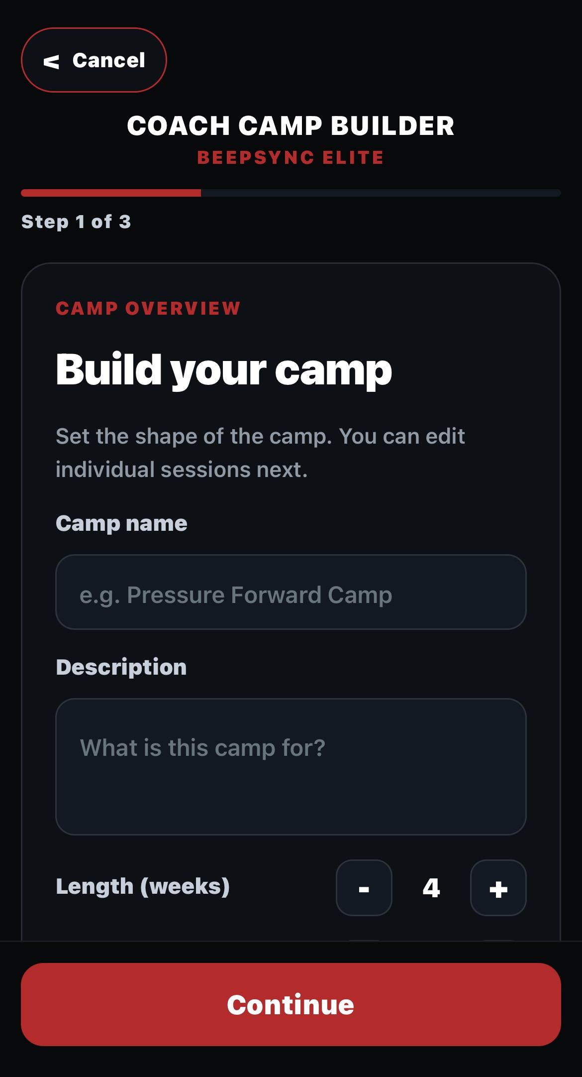 Coach Camp Builder interface