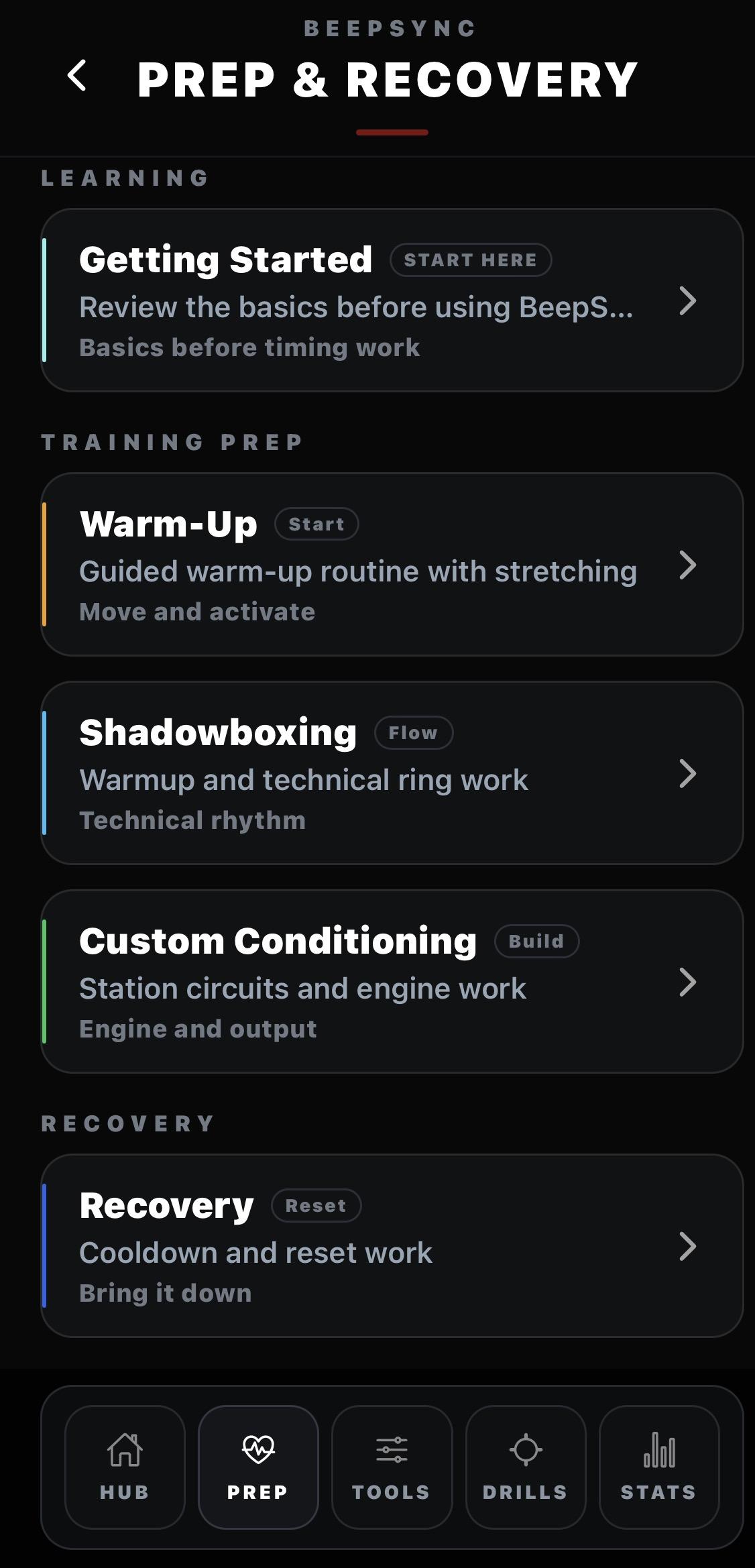 Prep & Recovery app interface
